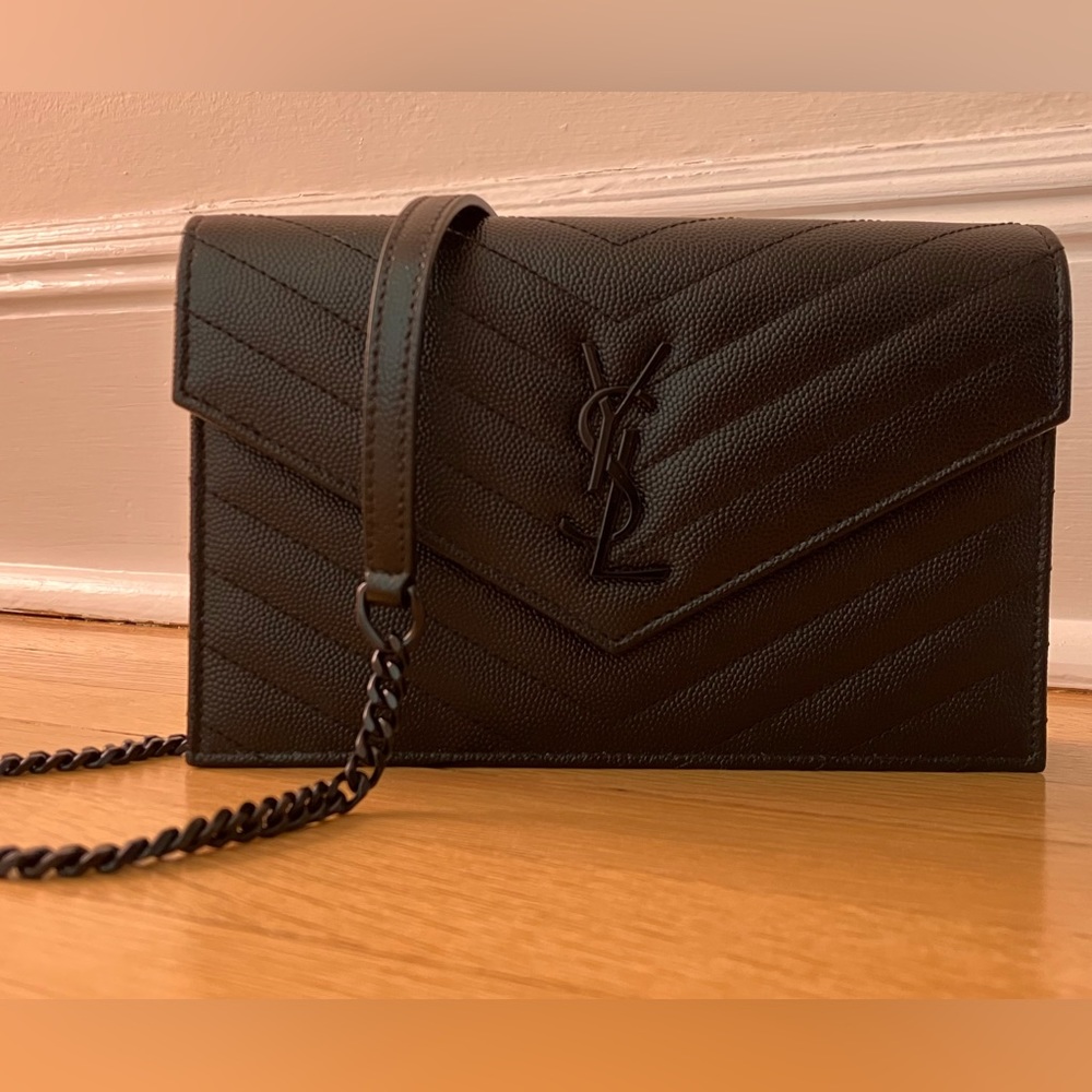 Saint Laurent Monogram Envelope Clutch Bag in black leather and black hardware